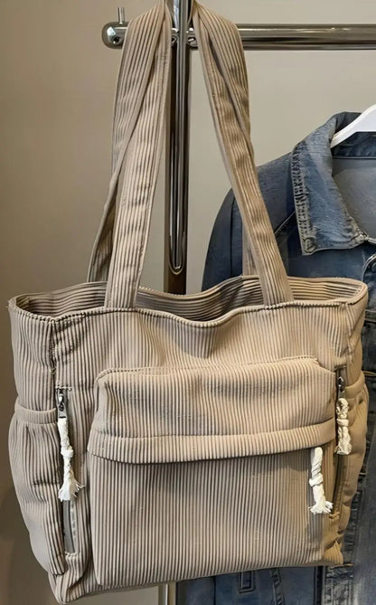 Bolsa de Ombro Casual Homefish Travel Master em Corduroy, Cor Sólida com Múltiplos Compartimentos, Bolsa Tote para Mulheres