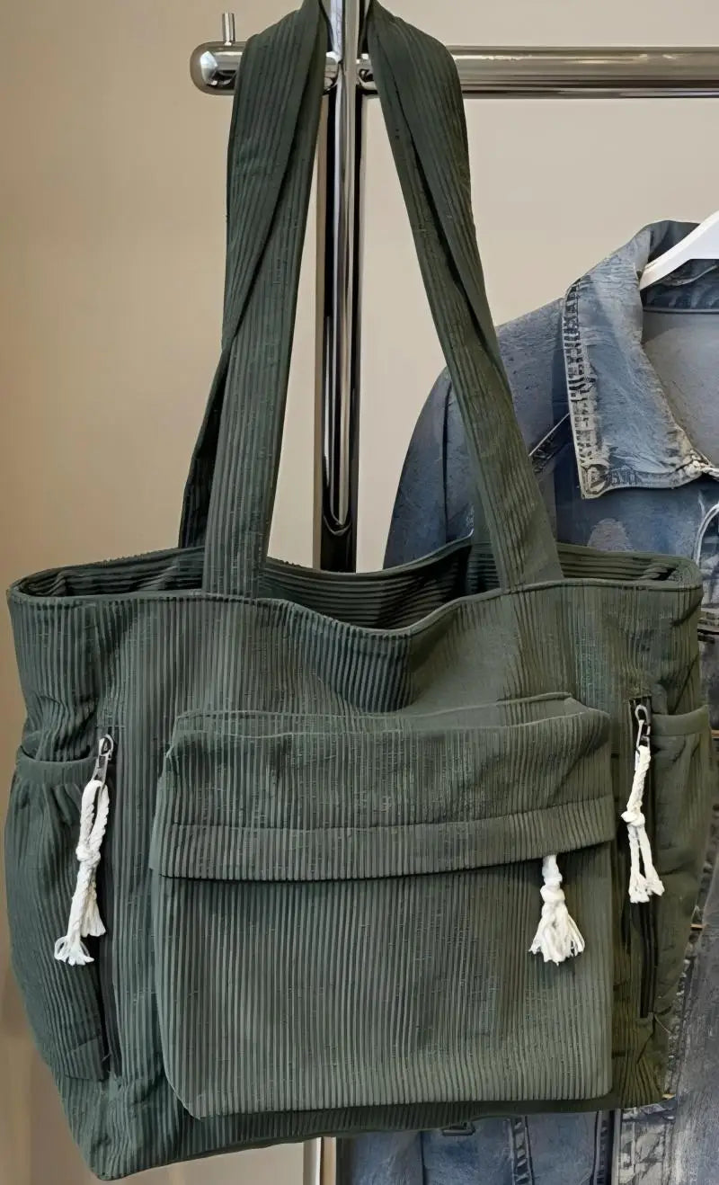 Bolsa de Ombro Casual Homefish Travel Master em Corduroy, Cor Sólida com Múltiplos Compartimentos, Bolsa Tote para Mulheres