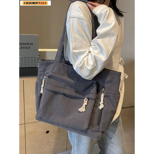 Bolsa de Ombro Casual Homefish Travel Master em Corduroy, Cor Sólida com Múltiplos Compartimentos, Bolsa Tote para Mulheres