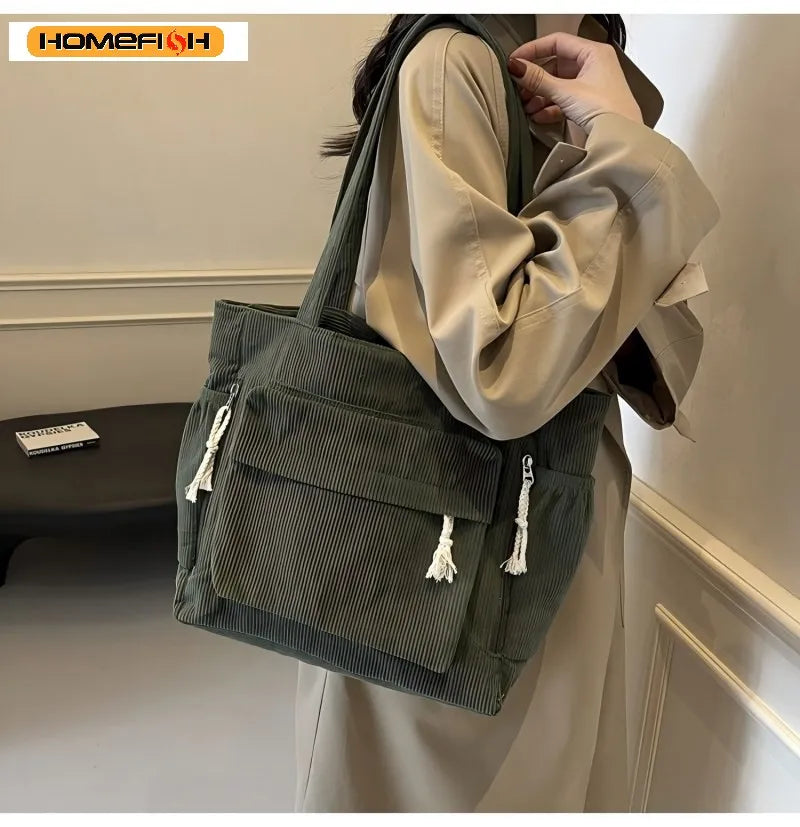 Bolsa de Ombro Casual Homefish Travel Master em Corduroy, Cor Sólida com Múltiplos Compartimentos, Bolsa Tote para Mulheres