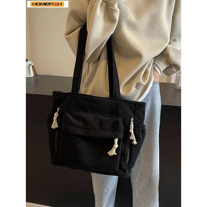 Bolsa de Ombro Casual Homefish Travel Master em Corduroy, Cor Sólida com Múltiplos Compartimentos, Bolsa Tote para Mulheres