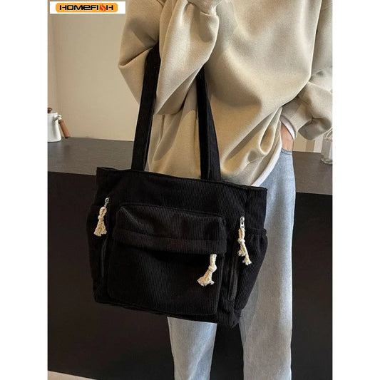 Bolsa de Ombro Casual Homefish Travel Master em Corduroy, Cor Sólida com Múltiplos Compartimentos, Bolsa Tote para Mulheres