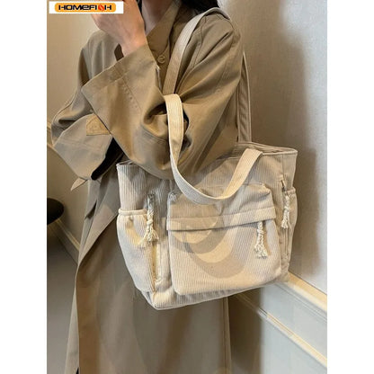 Bolsa de Ombro Casual Homefish Travel Master em Corduroy, Cor Sólida com Múltiplos Compartimentos, Bolsa Tote para Mulheres