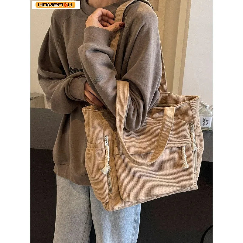 Bolsa de Ombro Casual Homefish Travel Master em Corduroy, Cor Sólida com Múltiplos Compartimentos, Bolsa Tote para Mulheres