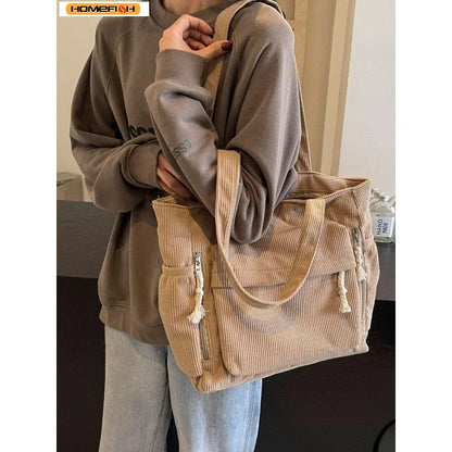 Bolsa de Ombro Casual Homefish Travel Master em Corduroy, Cor Sólida com Múltiplos Compartimentos, Bolsa Tote para Mulheres