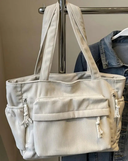 Bolsa de Ombro Casual Homefish Travel Master em Corduroy, Cor Sólida com Múltiplos Compartimentos, Bolsa Tote para Mulheres
